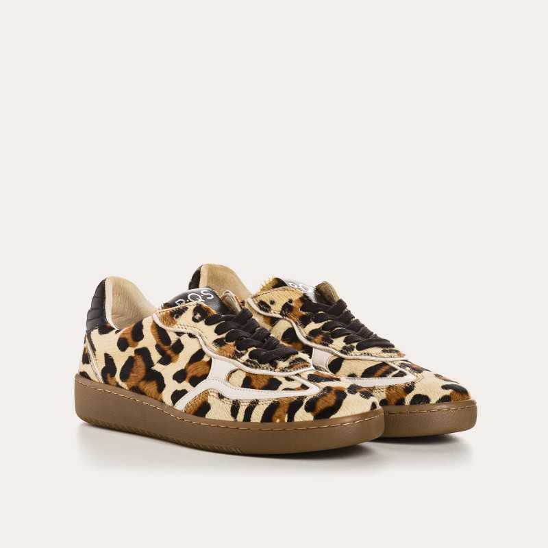 BASKETS ATHENA CUIR LEOPARD BEIGE/OFF WHITE REQINS