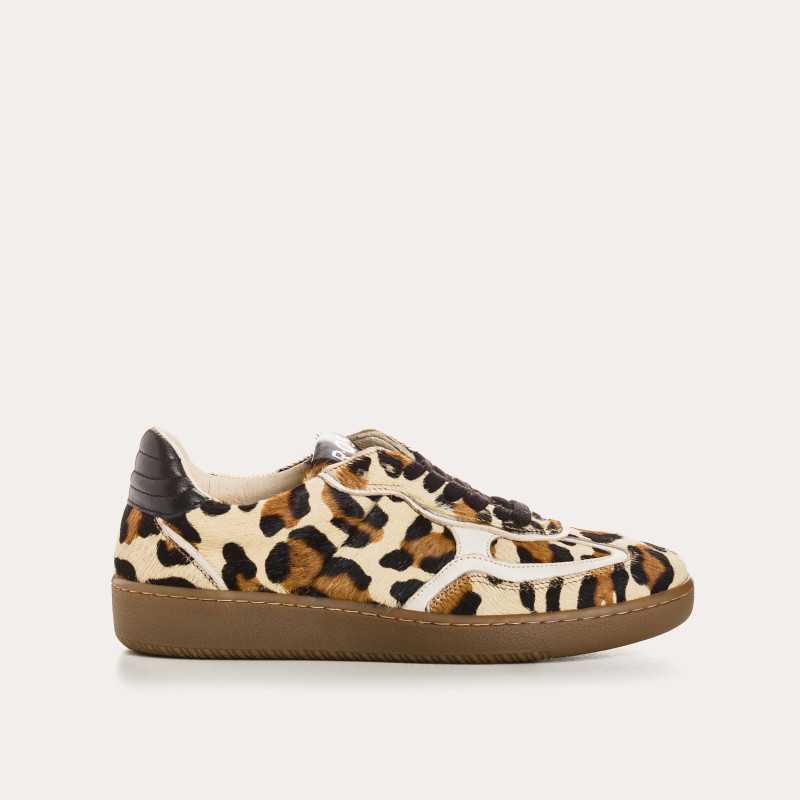 BASKETS ATHENA CUIR LEOPARD BEIGE/OFF WHITE REQINS